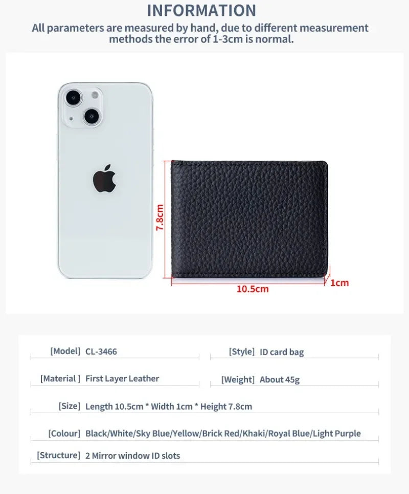 Thin Minimalist Bifold Design Driver's Licence Cover Genuine Leather ID Badge Window Slot Credit and Debit Vaccinum Cards Holder