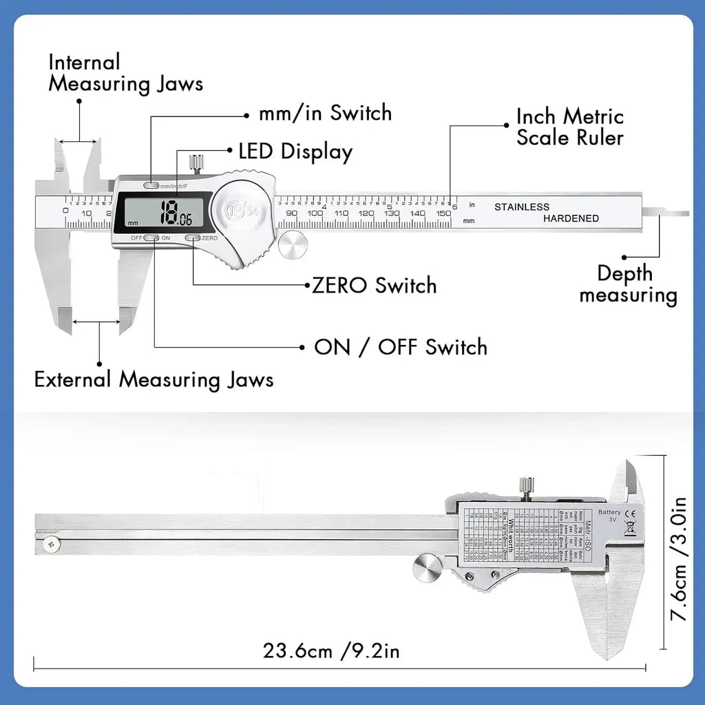 Electronic Digital Caliper, Inch and Millimeter Conversion, LCD Screen Display 0-6” Caliper Measuring Tool, Auto Power Off