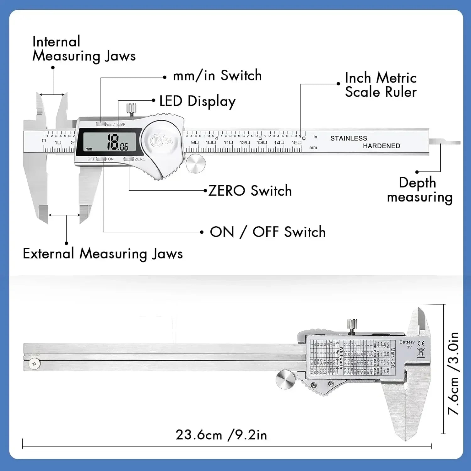 Electronic Digital Caliper, Inch and Millimeter Conversion, LCD Screen Display 0-6” Caliper Measuring Tool, Auto Power Off