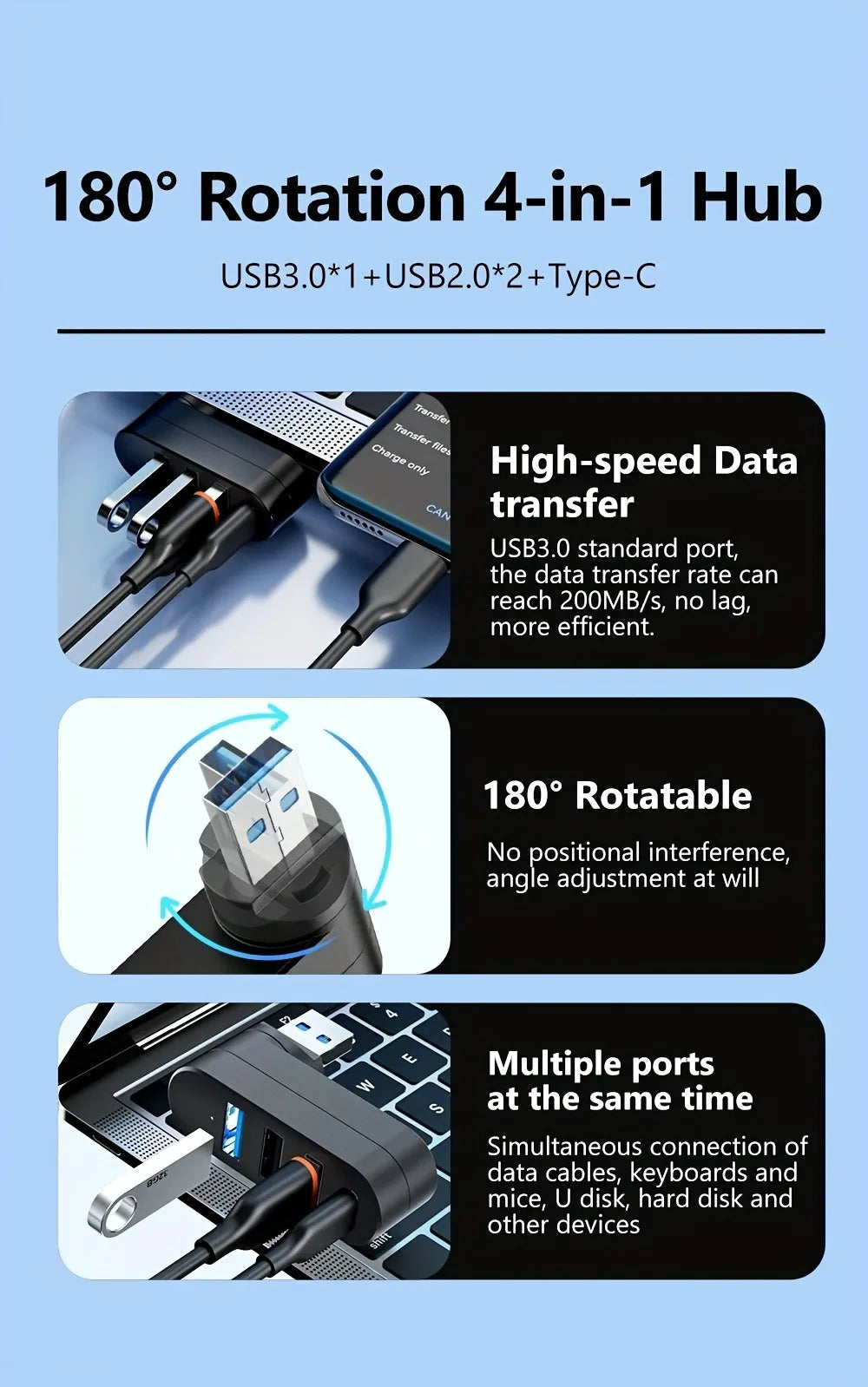Mini Splitter 4 Ports USB Hub 3.0 Box Rotatable USB Data Transfer Multiple Expander For Computer Laptop MacBook PC Accessories