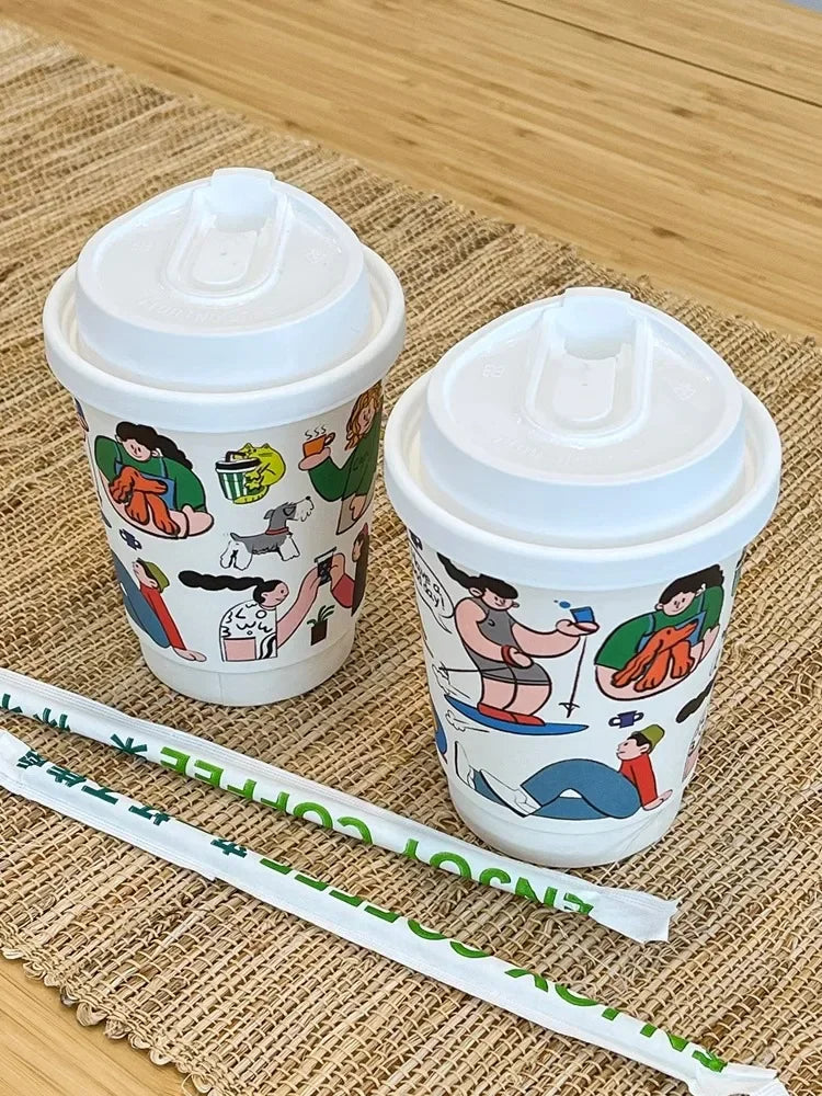 50pcs Cartoon Graffiti Coffee Cups 90 Caliber Disposable Fresh Milk Juice Paper Cup Milk Tea Hot Drink Takeaway Packaging Cup