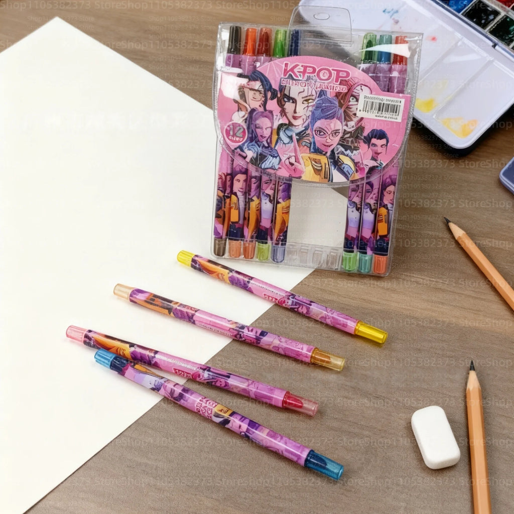 Popular rotating crayons girl group style 12 colors cute drawing tools for kids students daily coloring painting stationery