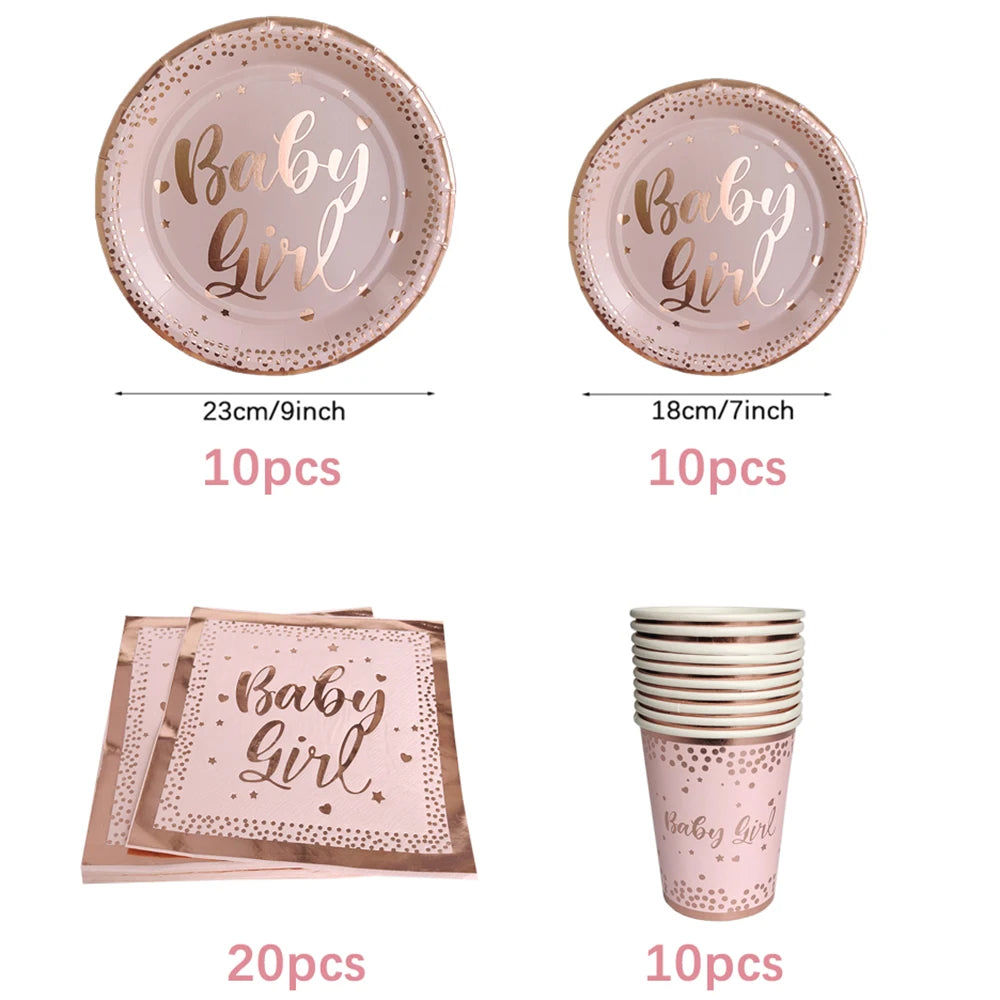 Rose Gold Party Disposable Tableware Set Light Powder Paper Plates Cups Straws Kids Birthday Party Decorations Babyshower Girl