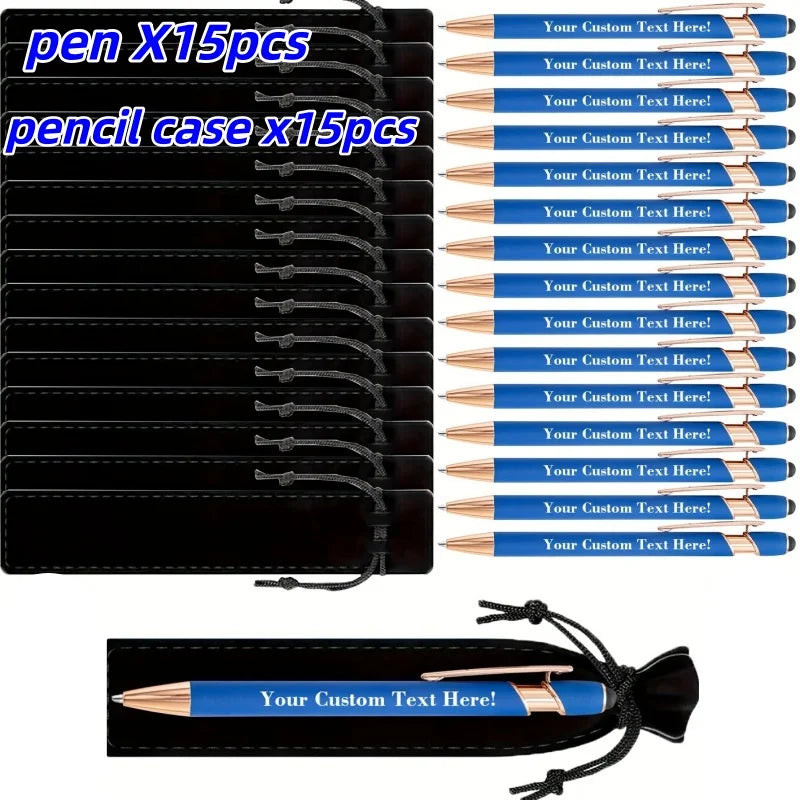 15Sets Customizable Engraved Metal Ballpoint Pens with Durable Case + 15pcs Custom Pen Bags - Bulk Writing Utensils for Business