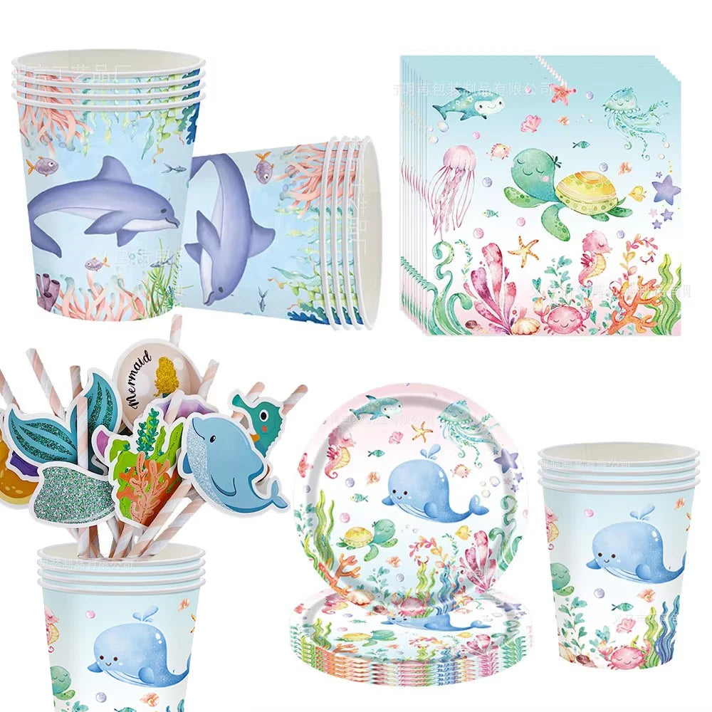 Ocean Animals Theme Disposable Tableware Plates Napkins Cup Paper Straws Whale Turtle Balloon Under The Sea Birthday Party Decor