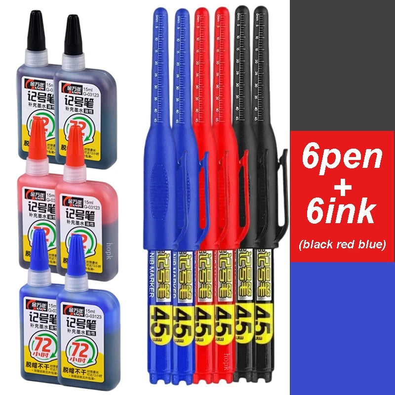 1-12 PCS 45mm Tip Waterproof Long Head Marker Pen Quick-Dry Ink for Woodworking Construction, Deep Hole White Black Red Blue