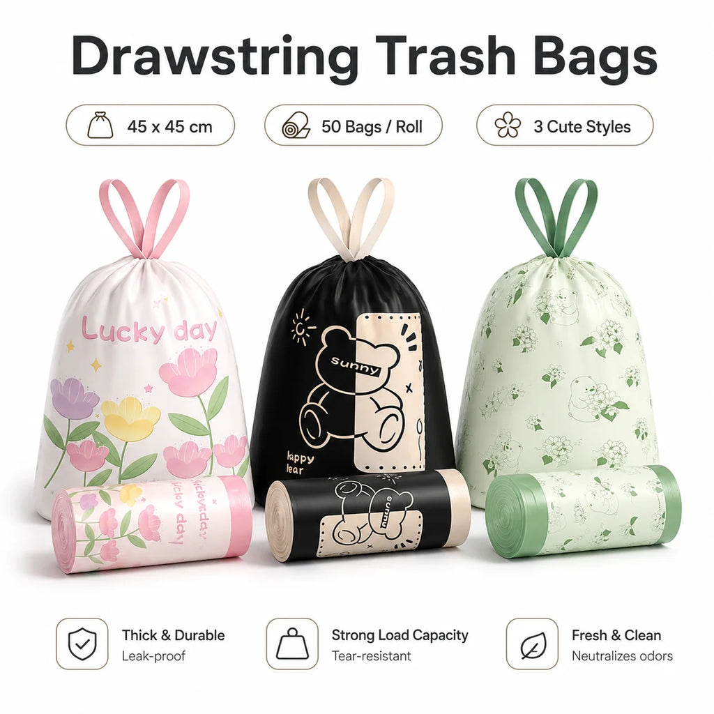 50-Count Scented Drawstring Trash Bags, 45 × 45 cm Cute Printed Small Bin Liners for Bathroom, Kitchen & Living Room