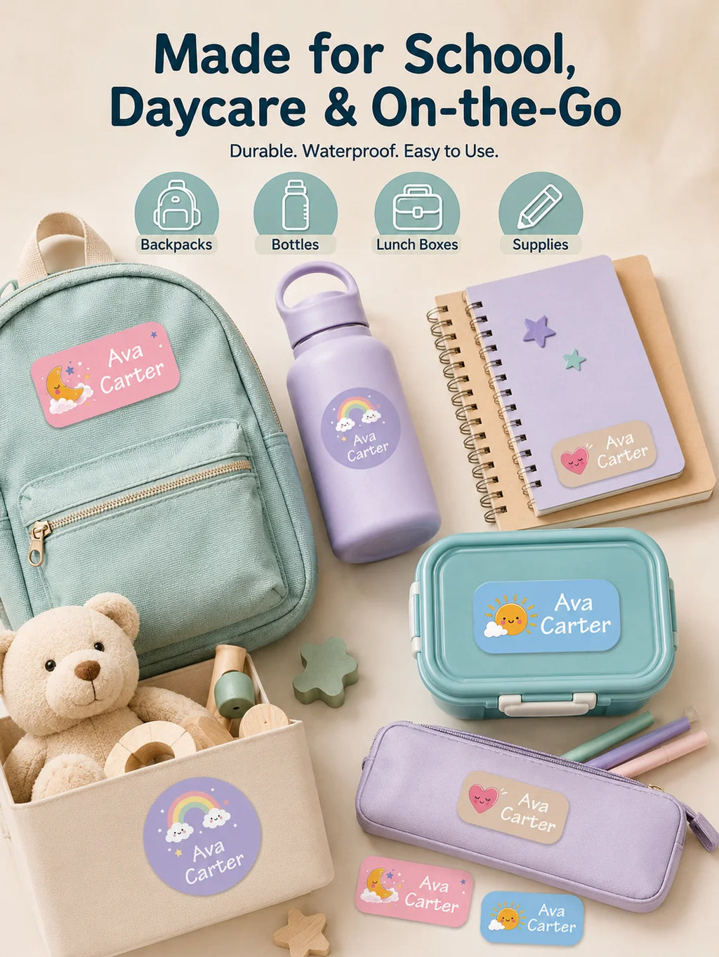 1pc 140 PCS Custom Name Labels, Personalized Cute Daydream Stickers for Bottles, Bags, Lunch Boxes, Clothes & Supplies