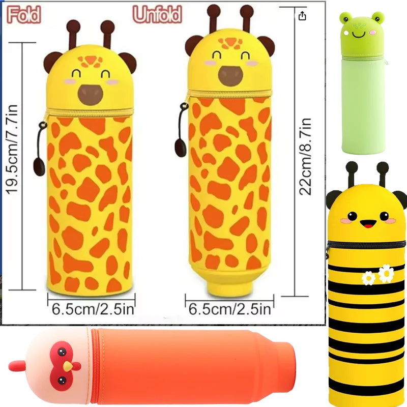 1PCS Kawaii Animals Silicone Telescoping Pencil Case Student Large Capacity Stationery Bag Giraffe/ Bee/Panda Learn Stationery