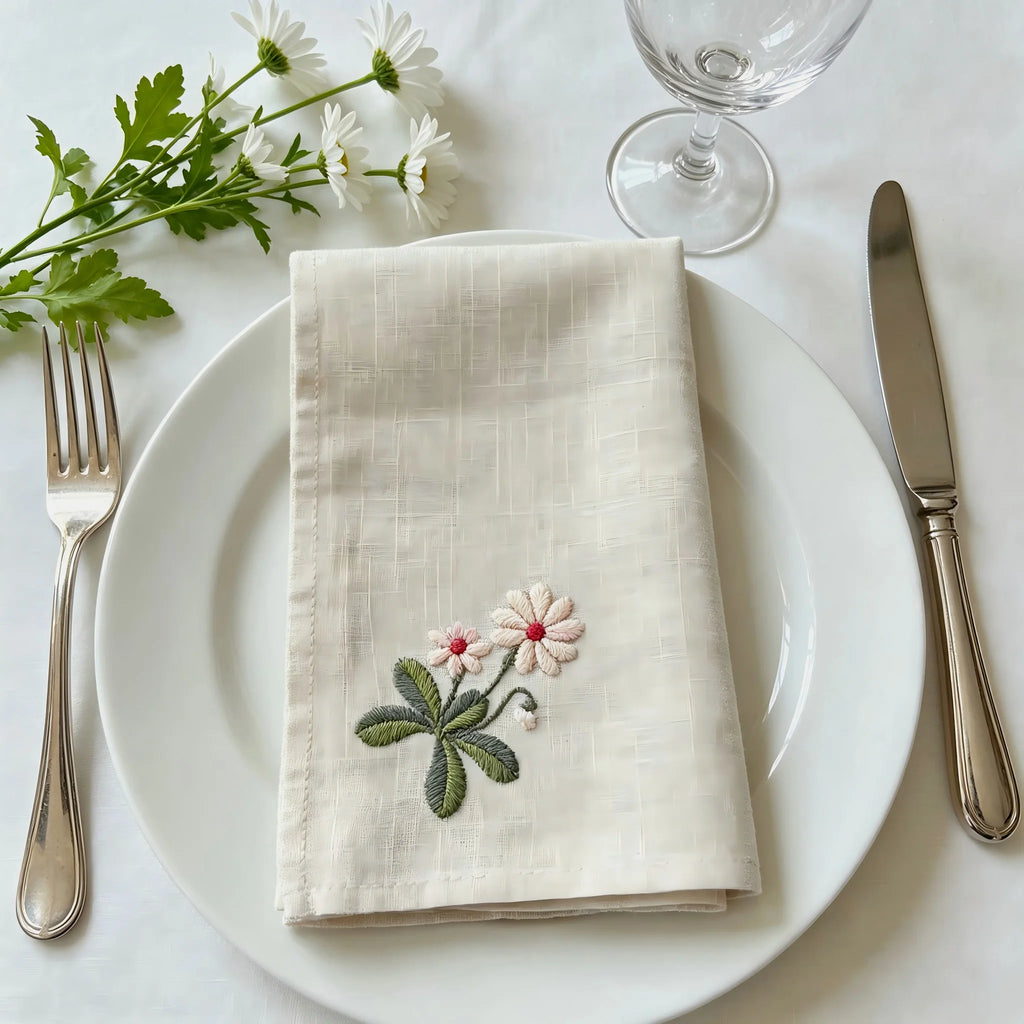 Varieties Flower,  Garden Embroidered Linen Look Floral Napkins, Placemats, Table Napkin, Hotel, Airbnb, Gift Restaurant