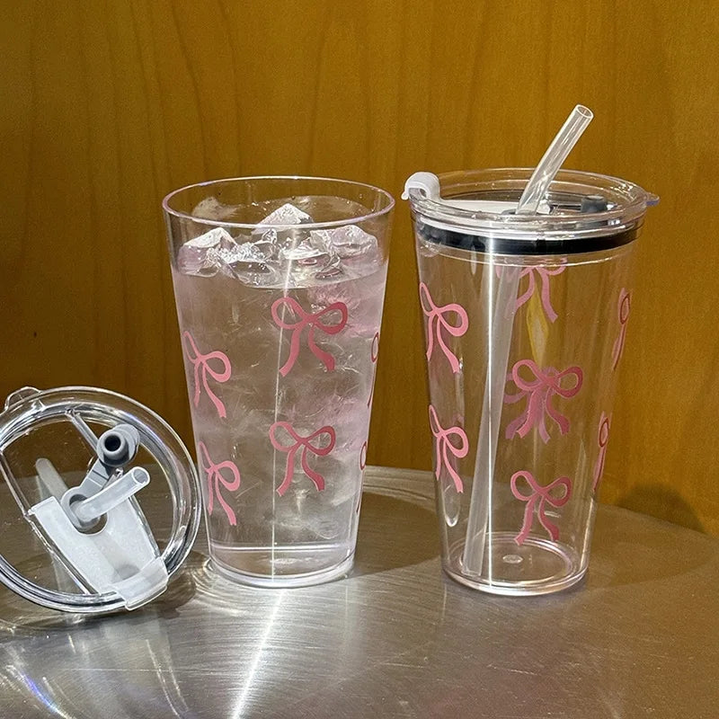 1/2/3pcs 450ml Pink Bow Plastic Cup With Straw And Lid Transparent Milk Coffee Drink Mug Household Travel Ins Water Drinking Cup