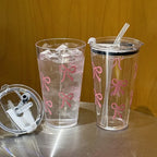 1/2/3pcs 450ml Pink Bow Plastic Cup With Straw And Lid Transparent Milk Coffee Drink Mug Household Travel Ins Water Drinking Cup