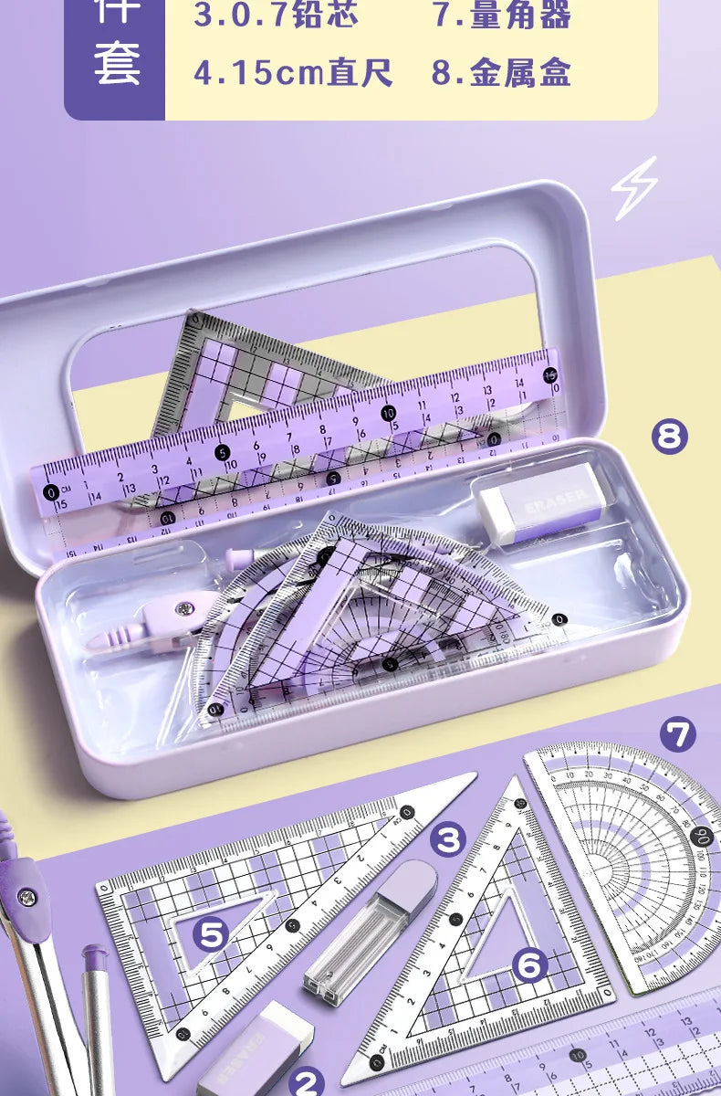 Ruler 8-piece Set Student-specific Compass Measuring Angle Ruler Triangle Ruler Ruler  Full Set of Ruler Stationery Gift Package