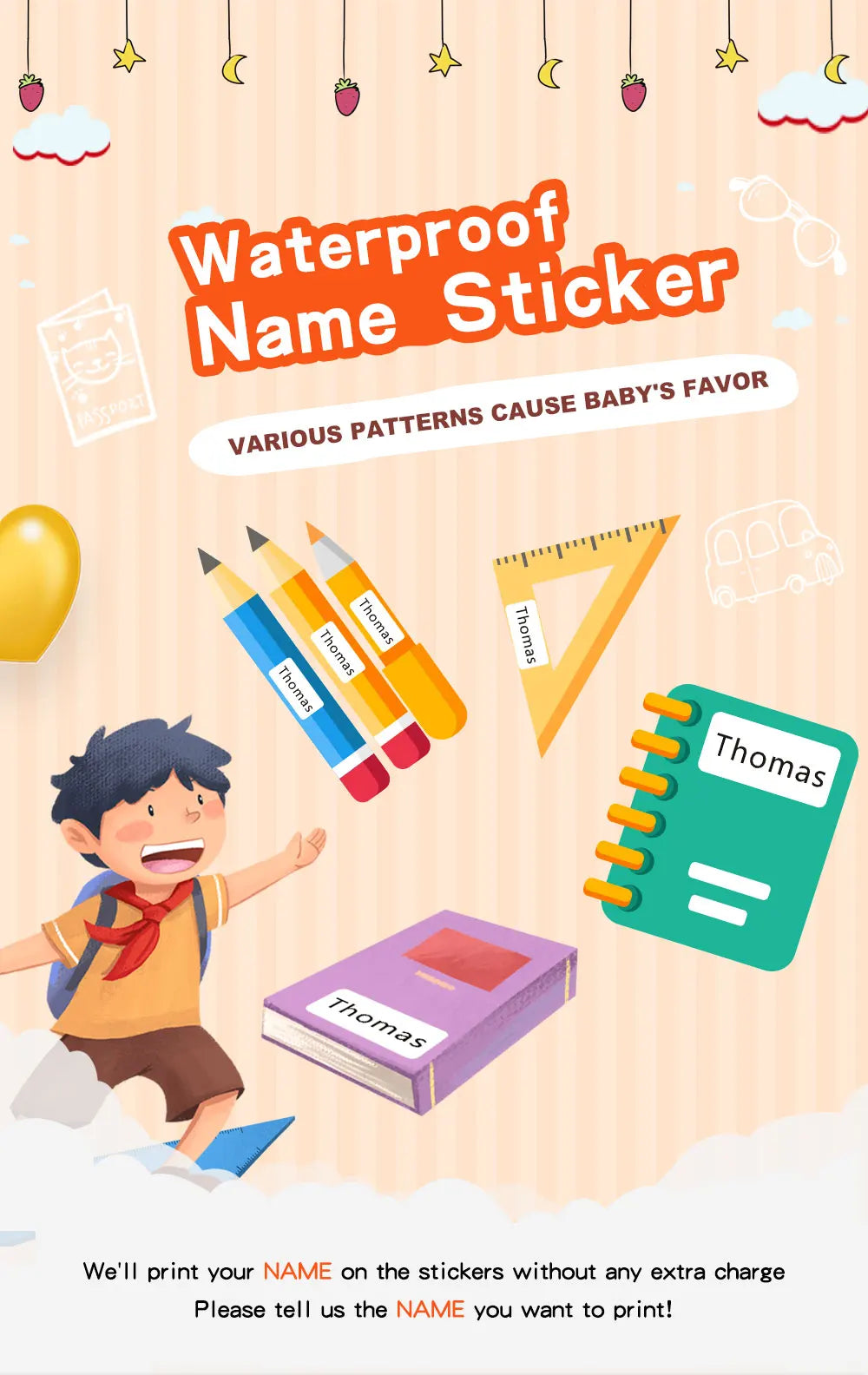 114 Waterproof Personalized White Label Custom Name Sticker Kindergarten Tag Children School Stationery Daily Necessities Labels
