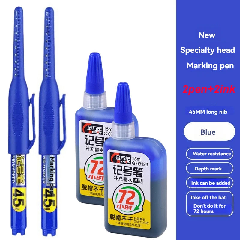1-12 PCS 45mm Tip Waterproof Long Head Marker Pen Quick-Dry Ink for Woodworking Construction, Deep Hole White Black Red Blue