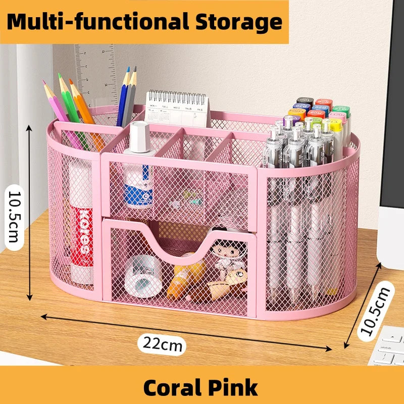 7 Compartment Metal Mesh Desktop Organizer with Drawer Pen Pencil Holder Stationery Storage for Home Office School Students Dorm