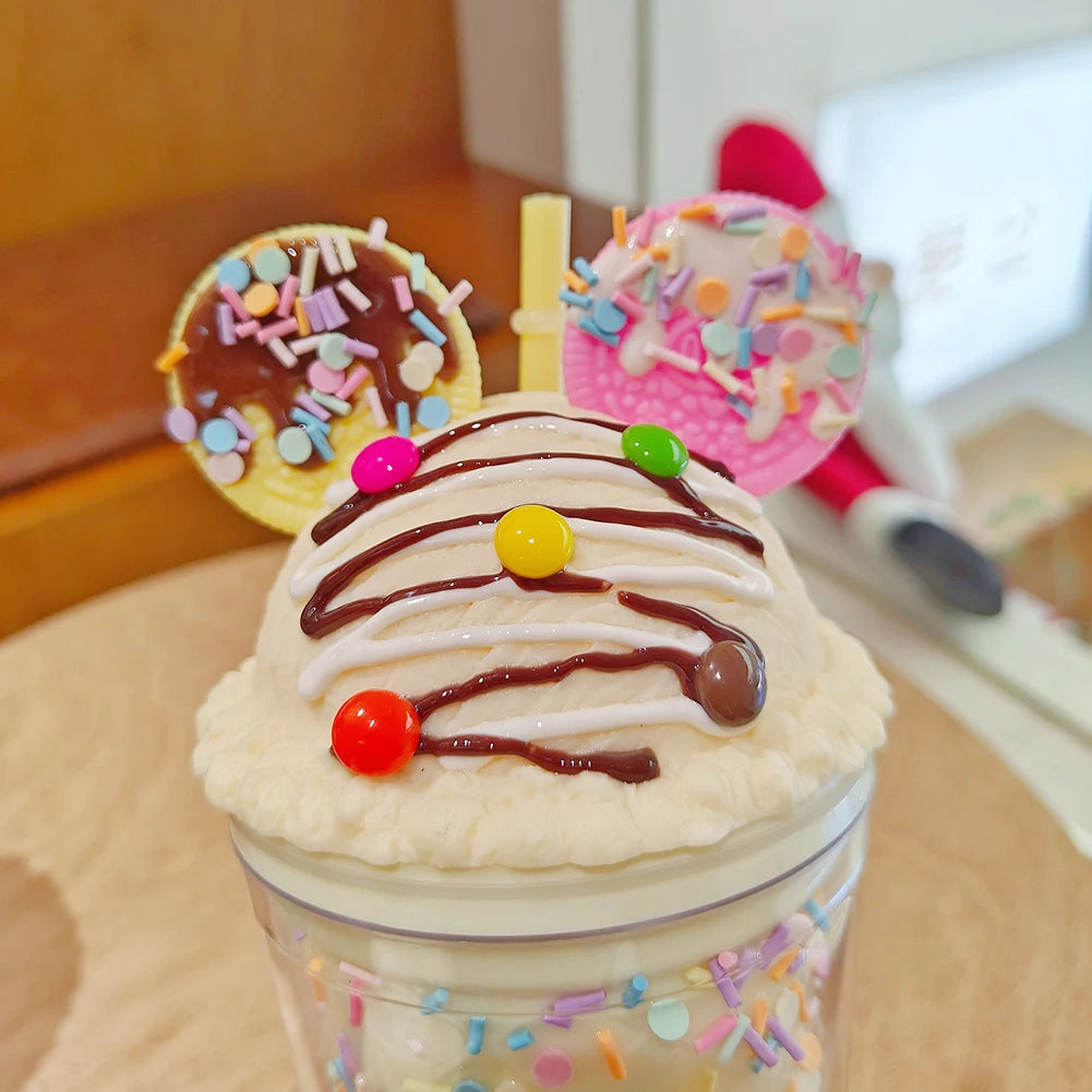 450ml Fashion Cartoon Ice Cream Straw Cup Adorable Plastic Bear Drinking Cup With Lid Milk Tea Cup For Women Girls Outdoor Home