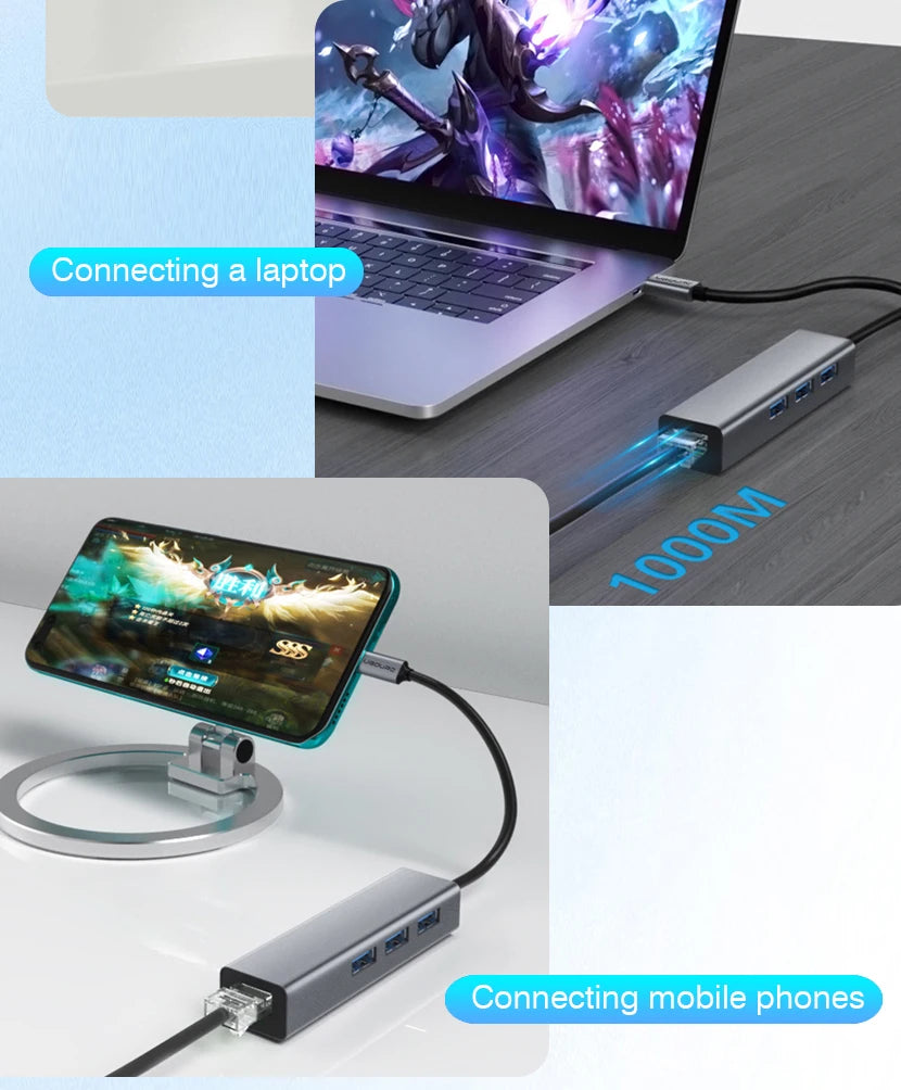 USB C HUB Docking Station Type C to RJ45 1000Mbps Ethernet Adapter USB3.0 HUB Gigabit Network Card 100W Charging Dock Extension