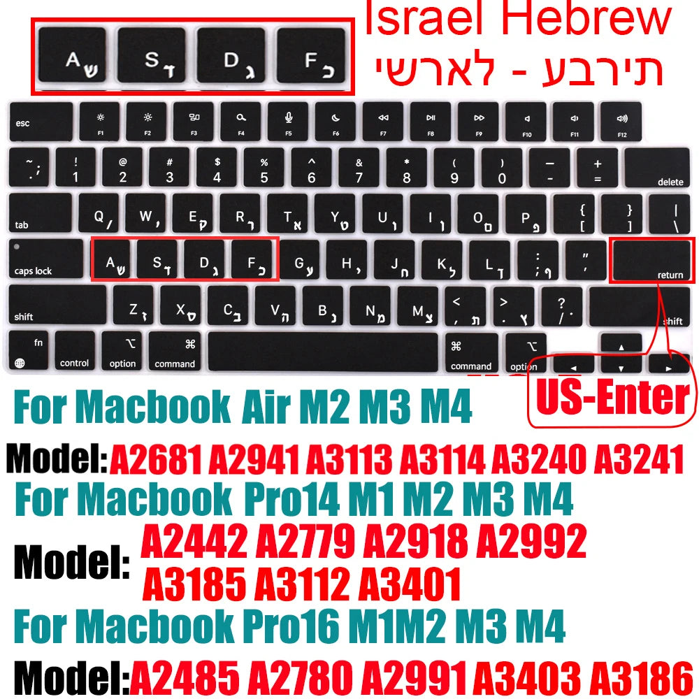 Hebrew Israel  Keyboard Cover for Macbook Pro14 A2442 Air13.6 M2 A2681 Pro13 M1 A2338 A2289 Waterproof Silicone protective film
