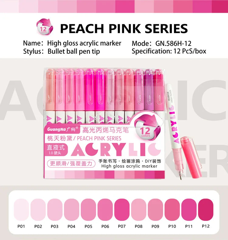 GuangNa 168/12 Colors High Gloss Acrylic Marker Pen Set,Hard Headed Drawing Pens,DIY Graffiti Paint Pen Stationery,GN.586