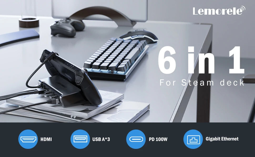 Lemorele X23L 6 IN 1 USB C Docking Station for Steam Deck 4K HDMI RJ45 1000M PD 100W Dock Switch for Projector PC TV USB C HUB
