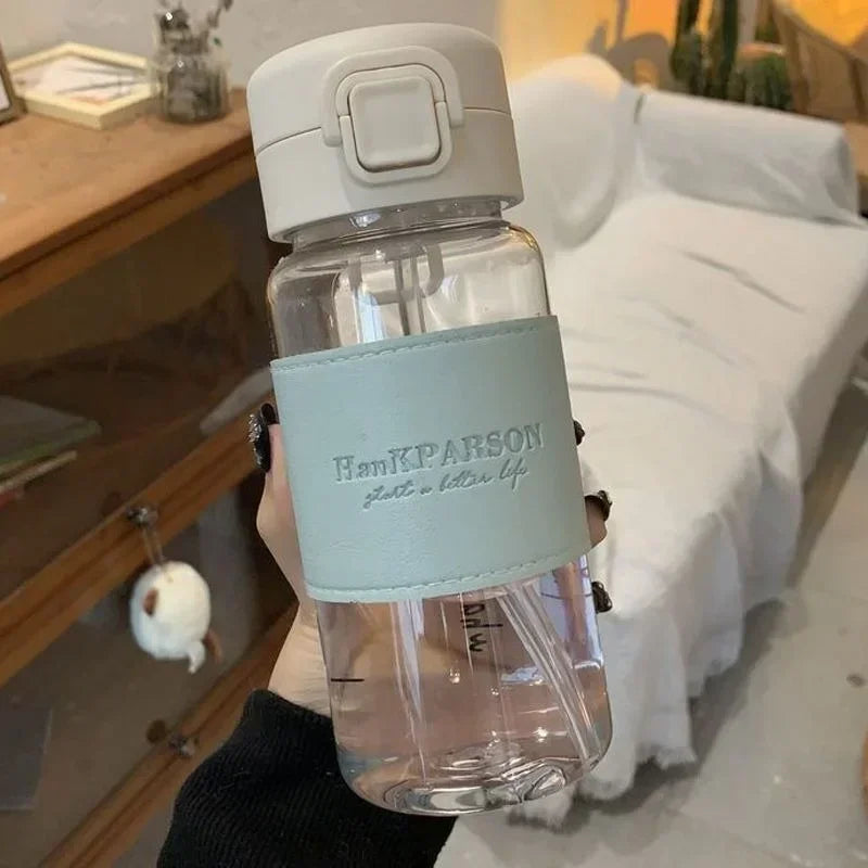 500ml Leak-proof Water Bottle with Straw Portable Student School Food Grade Plastic Water Cup Modern Simple Style Juice Beverage