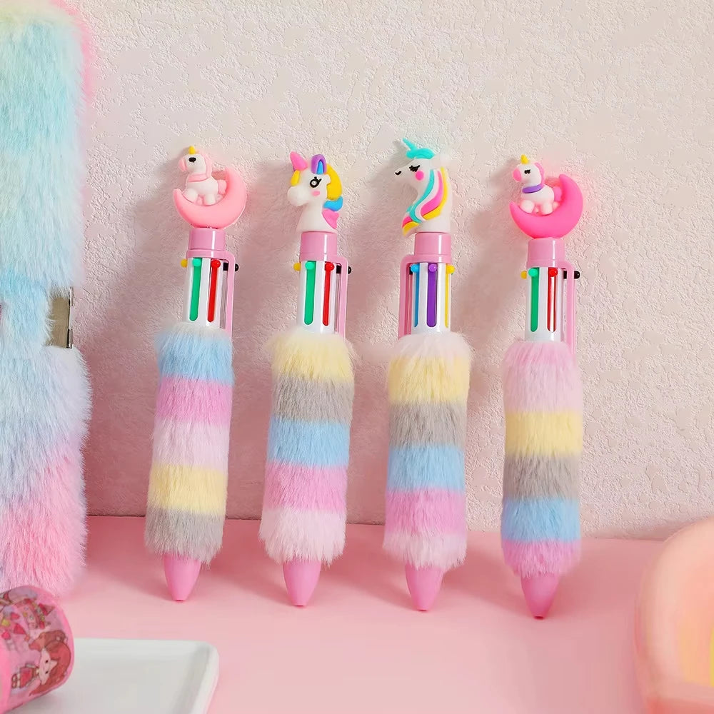 2PCS Children's Unicorn Plush Gel Pen Set 6 Colors Rainbow Ball-point Pens Cartoon Girl Handwriting Tools for Students
