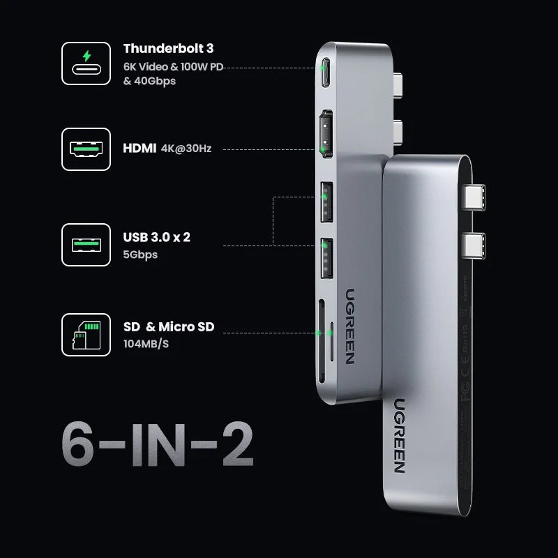 UGREEN 6-in-2 USB-C HUB Type-C to Thunderbolt 3 4K HDMI SD&TF USB3.0 Adapter for MacBook Pro Air Docking Station USB-C Splitter