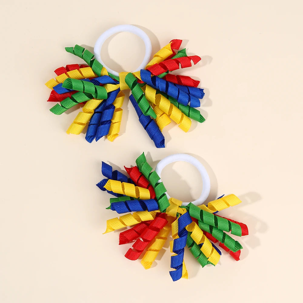2Pcs Trendy Firework Hair Ties Rainbow Curly Ribbon Elastic Rubber Bands For Girls Kids Cute Hair Ropes Daily Hair Accessories