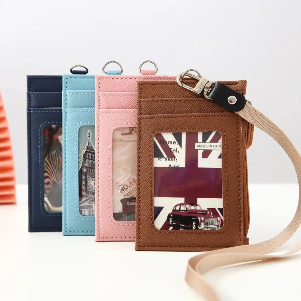 Portable PU Leather Card Bag Holder with Neck Lanyard Student Card Bag Coin Purse Card Case Zipper Bag Office Casual Supplies