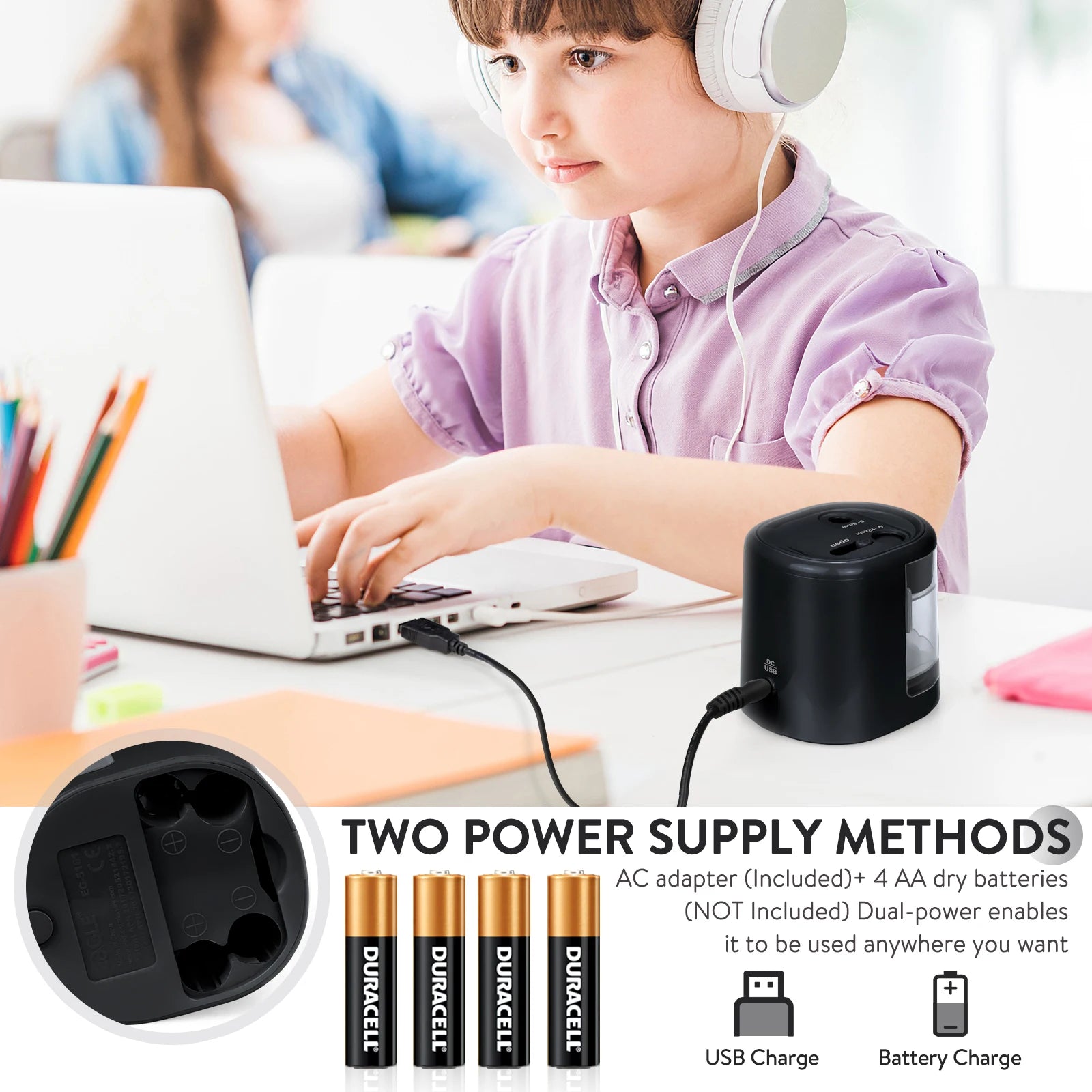 Eagle Auto Pencil Sharpener, Battery or USB Operated, Dual Holes, Dual Blades,  Portable,Office,School Supplies Stationery