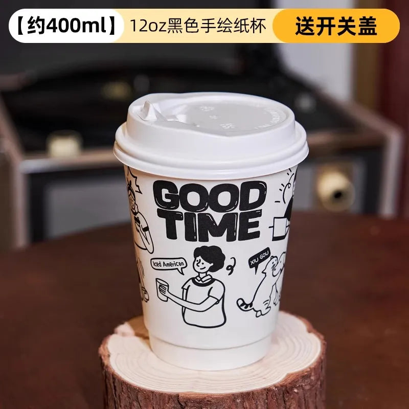 50pcs Cartoon Graffiti Coffee Cups 90 Caliber Disposable Fresh Milk Juice Paper Cup Milk Tea Hot Drink Takeaway Packaging Cup