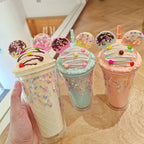 450ml Fashion Cartoon Ice Cream Straw Cup Adorable Plastic Bear Drinking Cup With Lid Milk Tea Cup For Women Girls Outdoor Home