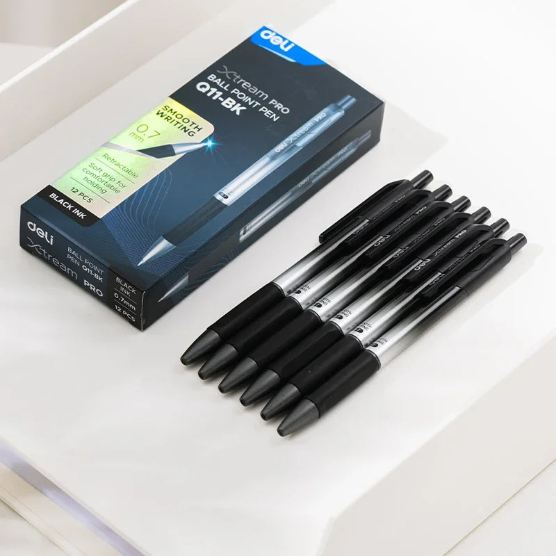 DELI Smooth Writing Ballpoint Pens 0.7mm Black and Blue Ink Pens 12PCS Pack of Retractable Ball Pen for Office School Home