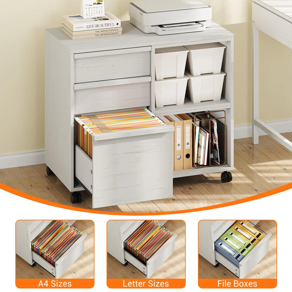 3 Drawer File Cabinet with Open Shelves, Rolling Lateral Filing Cabinet for Letter/A4, Mobile Wood Printer Stand on Wheels, Home Office Storage Organizer