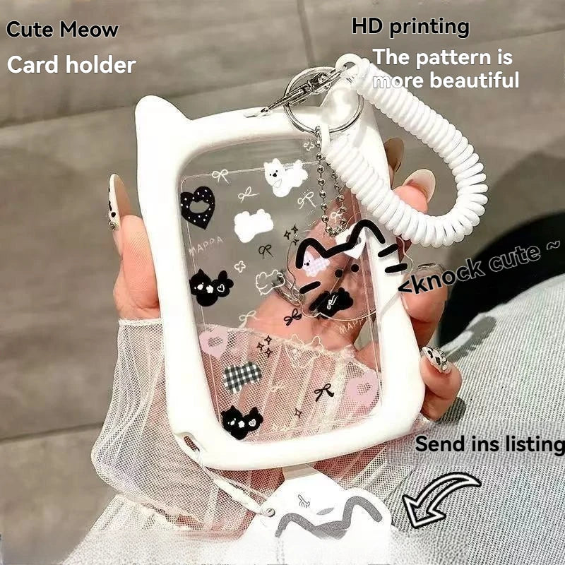 1PC Cat Ear Card Cover Transparent Student Bus Card Cover Subway Access Card ID Card Campus Card Water Card Document
