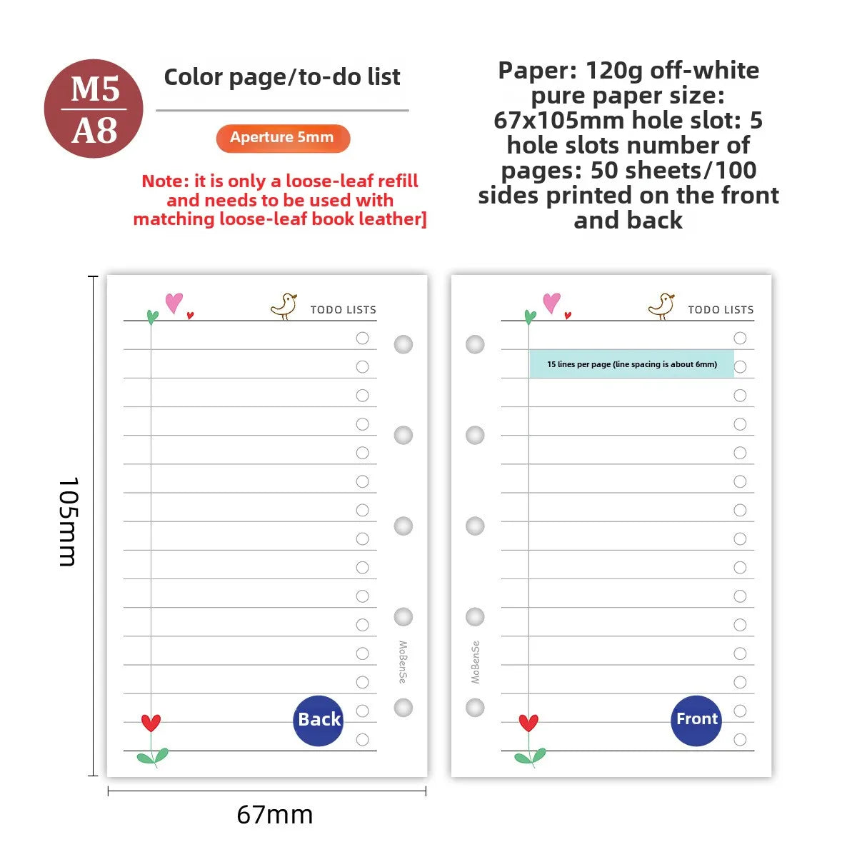 M5 50Sheets Colorful Loose Leaf Notebook Refill Spiral Binder Inner Page Weekly Monthly To Do Line Grid Inside Paper Stationery