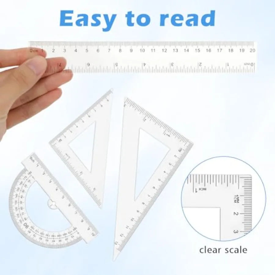6Pcs Transparent Ruler Set for Drawing, Engineering, Art: Clear Acrylic, Blue-Tinted, Anti-Slip Grip Precise Markings