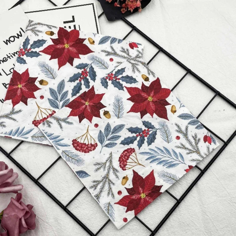 20pcs/Pac Colourful Printed Napkins 2 Ply Featured Christmas Flower Paper Napkins Wood Pulp Paper Party Disposable Placemats