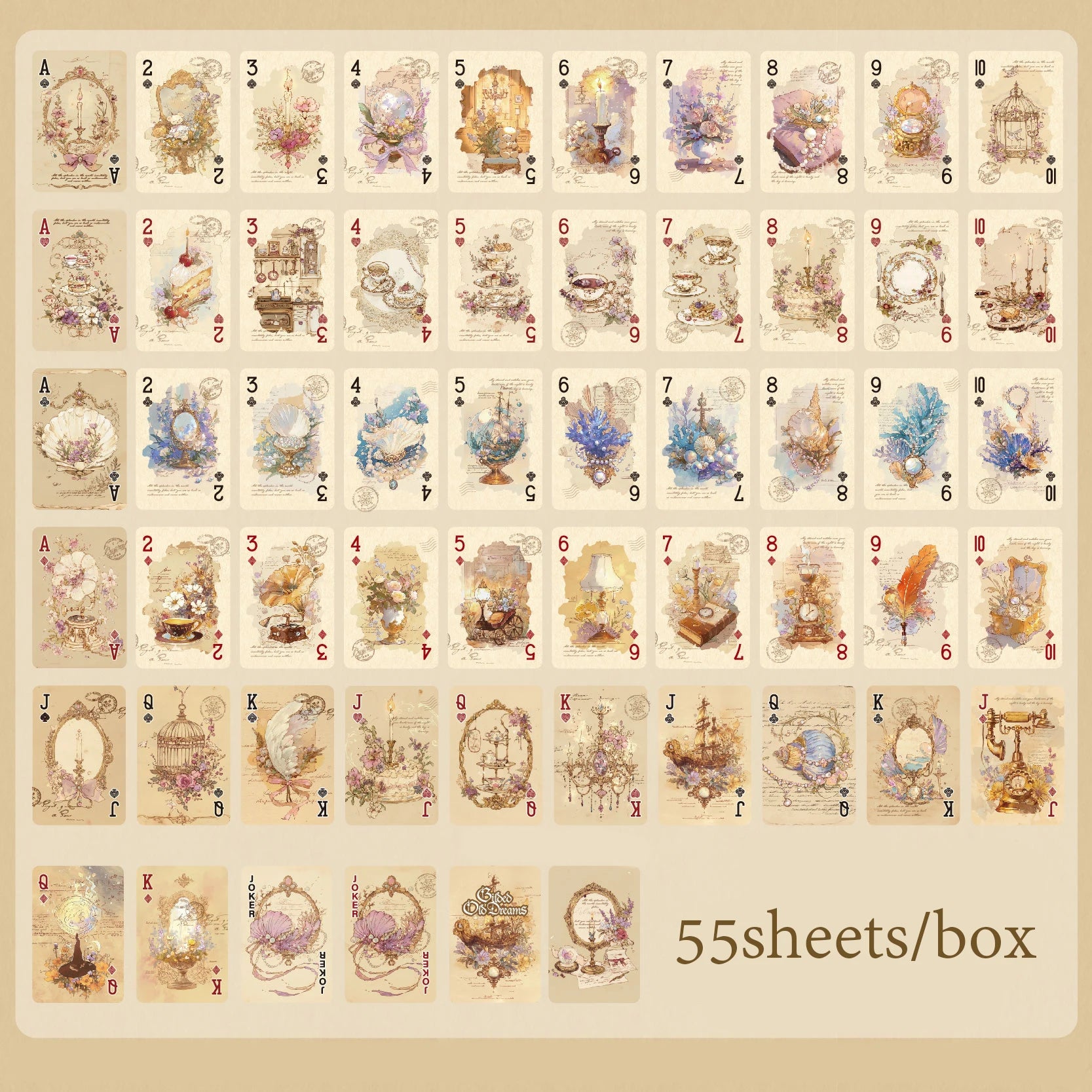 Mr.Paper 55Pcs/Box Gilded Old Dreams Playing Cards Cardstock , Vintage Art Illustration Poker for Journal Decor & Card Games