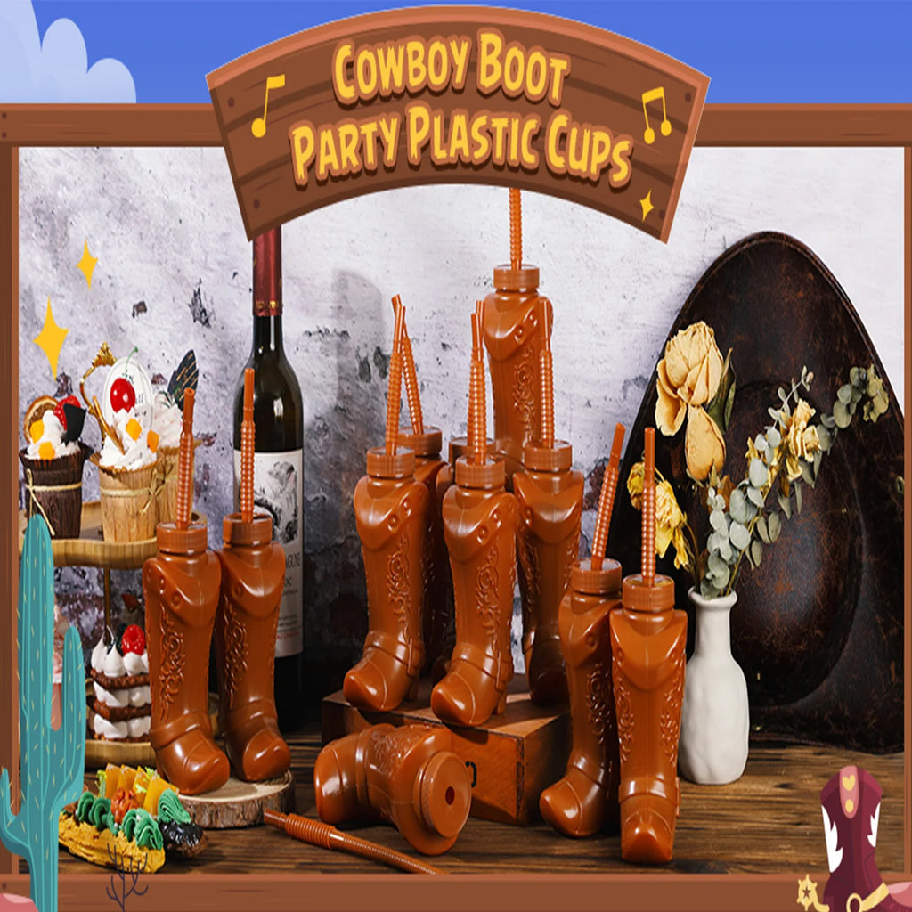Plastic Cowboy Boot Cups with Straws and Lids Reusable Cowboy Cup for Western Themed Party Supplies Rodeo Birthday Decorations