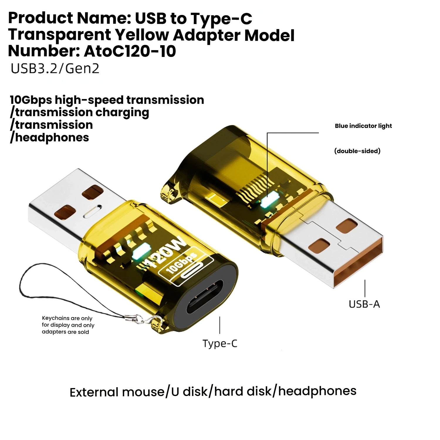 Type C Adapte USB 3.2  OTG Fast Charging 120W 10GB High Speed Data Audio Transfer For PC Tablet