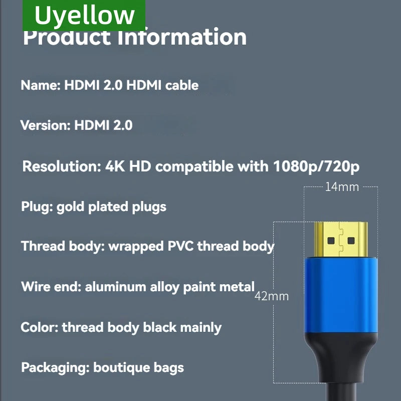 Uyellow HDMI-compatible Cable 4K 60Hz 50cm 1m 2m 3m 5m HDMI-compatible 2.1 Cable 4K 60Hz HDR 3D Effect Video for HDTV PC