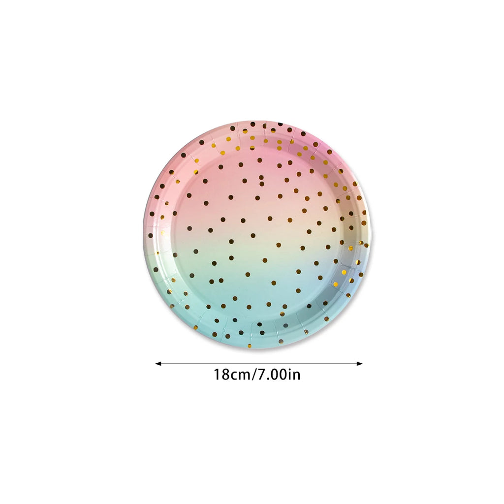 Pastel Rainbow Party Birthday Disposable Tableware Gold Dot Rainbow Gradient Paper Plate Cup Napkin Birthday Wedding Supplies