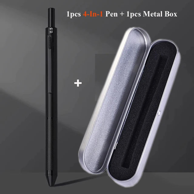 4 In 1 Multifunction Luxury Pen, 0.7mm 3 Color Ballpoint 0.5mm Mechanical Pencil, Gravity Sensor Metal Retractable Pens Długopis