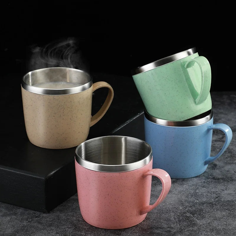Simple Solid Color Stainless Steel Mug Wheat Straw Element Small Water Cup Children's Household Anti-scalding Drinking Water Cup