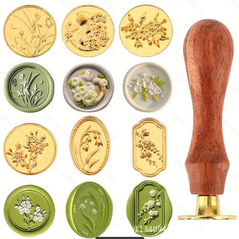 6-Piece Floral Wax Seal Stamp Set with Detachable Wooden Handle—Vintage Style, Ideal for Wedding and Birthday Party Invitations