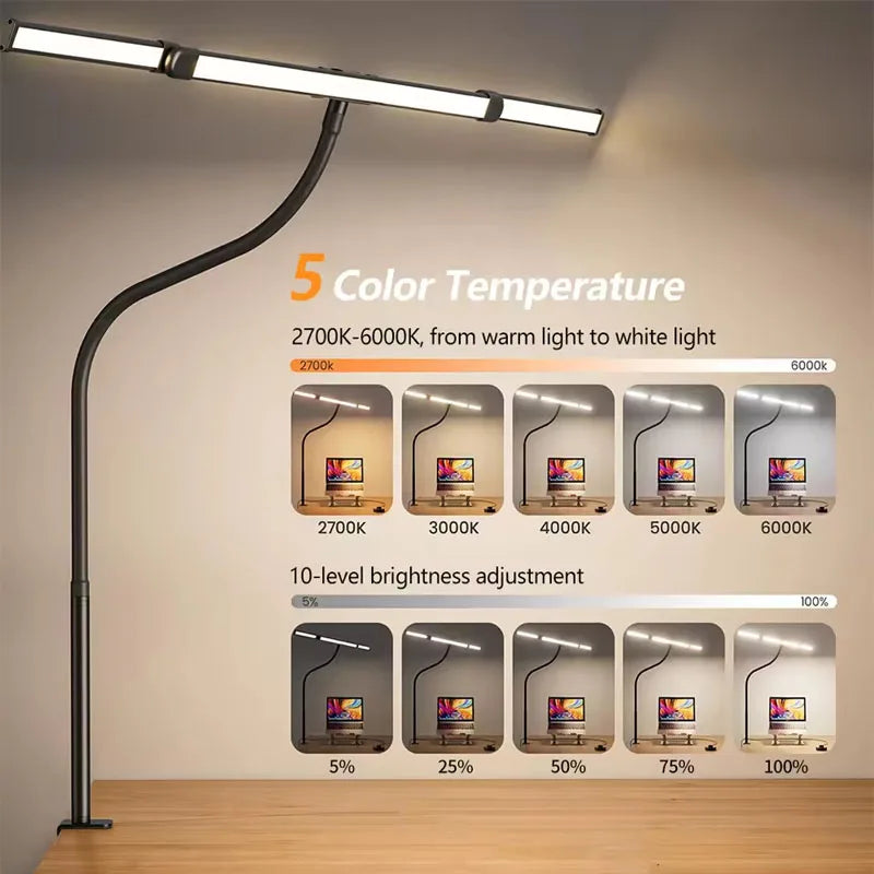 LED Desk Lamp Eye-Caring Desk Light with Stepless Dimming Adjustable Flexible Gooseneck with Clamp for Reading Study Workbench