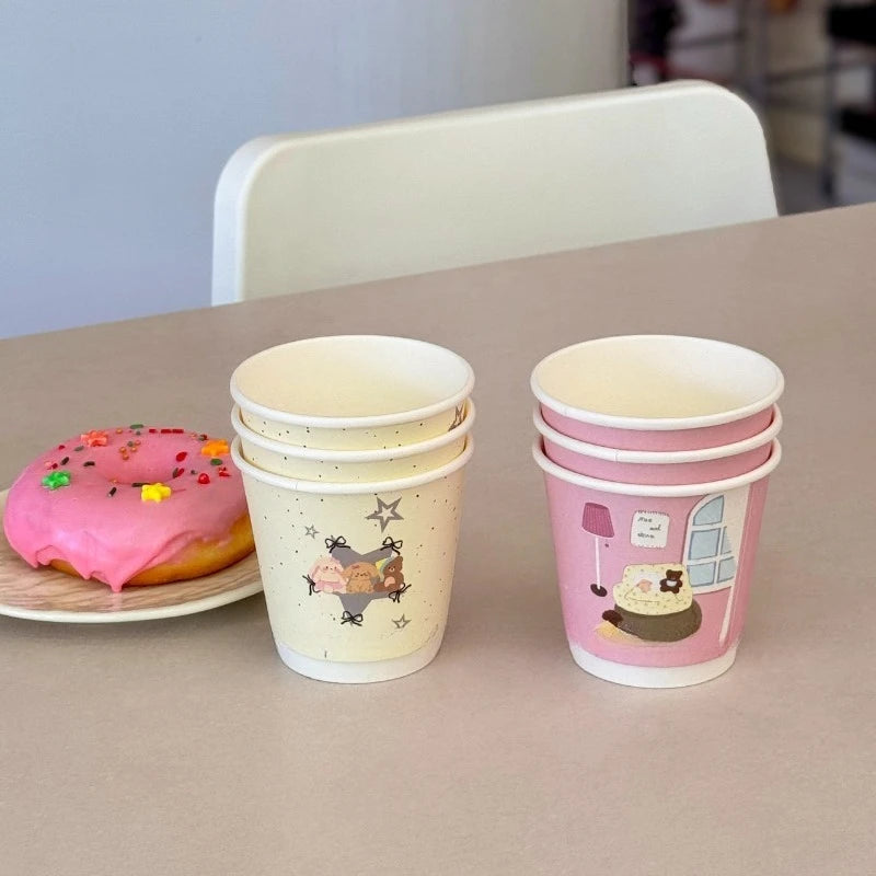 25pcs Pink Disposable Double-layer Thick Paper Cups Coffee Milk Tea Cartoon Printed Paper Cup Yellow Star Hot Drink Takeout Mug