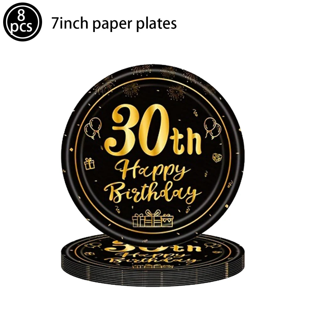 Happy Birthday 30 Year Old Disposable Tableware Black Gold Plate Tablecloth Banner For 30th Birthday Party Decorations  Supplies